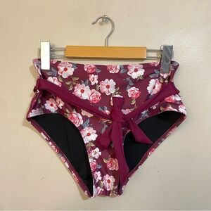 Maroon & Pink Floral High-Waisted Bikini Bottoms with Tie Belt – Medium Like New